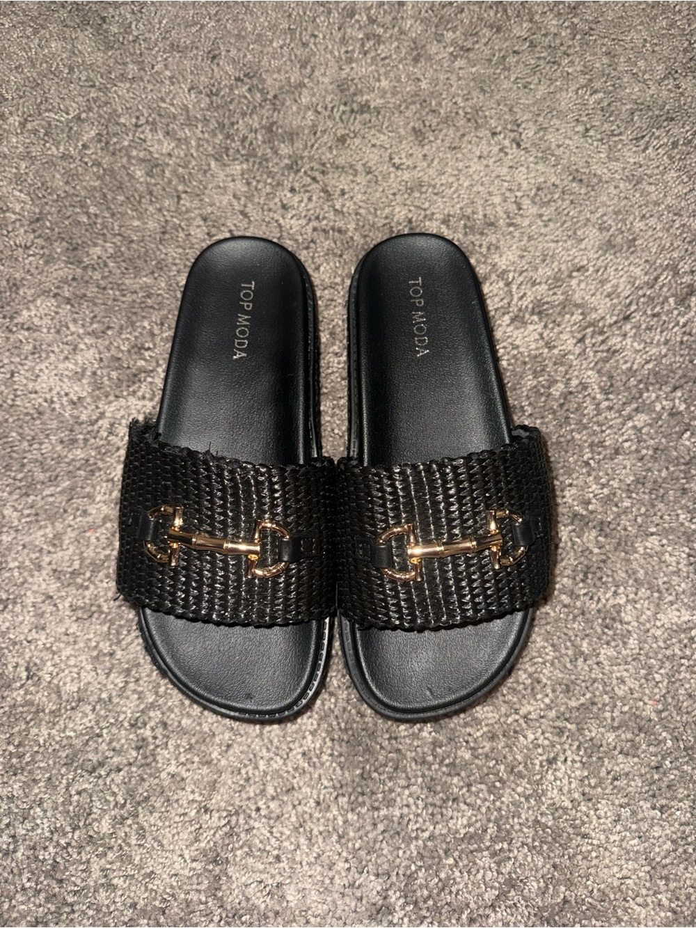 TOP Moda Black Woven Slide Mules with Gold Buckle Detail